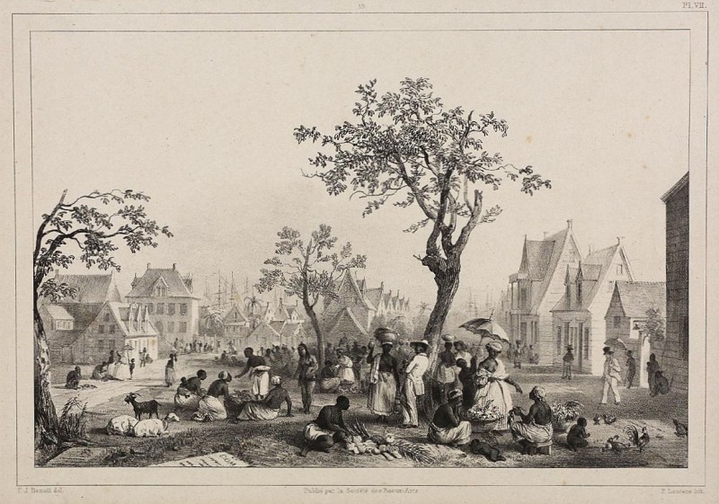 Illustratie Benoit van de markt op en naast Oranjetuin Bron: UBM: 952 C 25, pl.13 ( Lithografie ), Surinamica, Universiteit van Amsterdam, Amsterdam